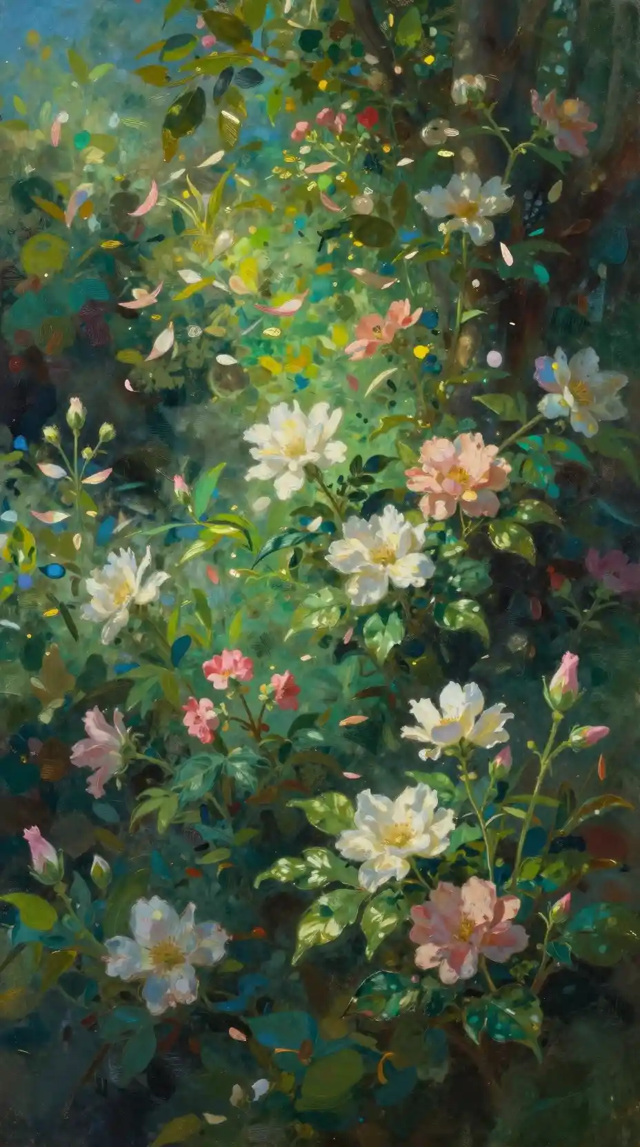 Lush floral oil painting in a dreamy garden landscape