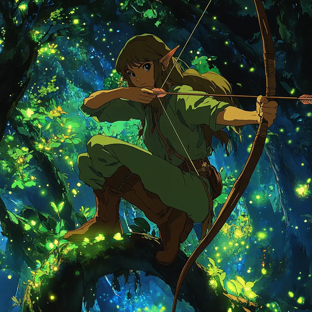 Forest elf archer poised on a branch in glowing woods