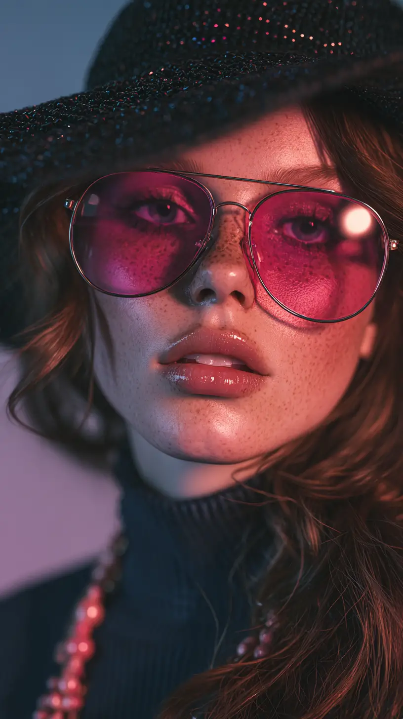 Freckled woman in pink aviator sunglasses and sequin hat