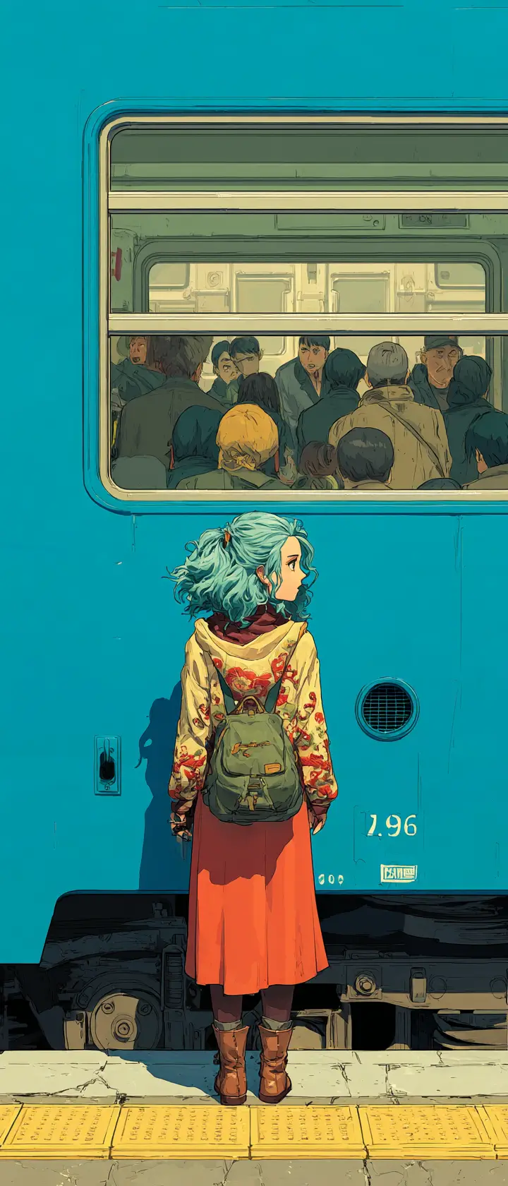 Anime girl waiting on a train platform in mixed styles