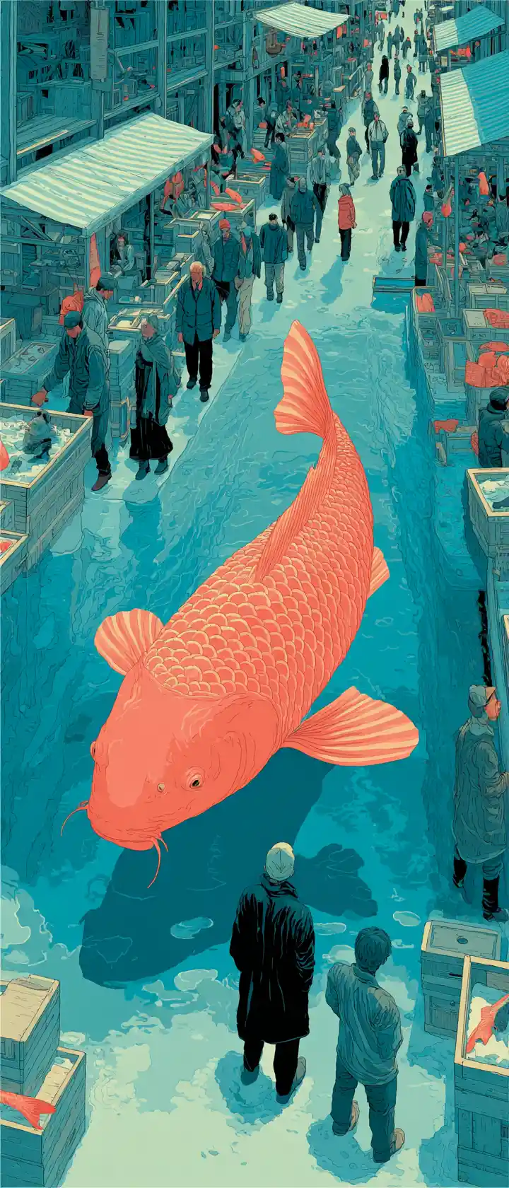 Busy fish market with a single leaping koi
