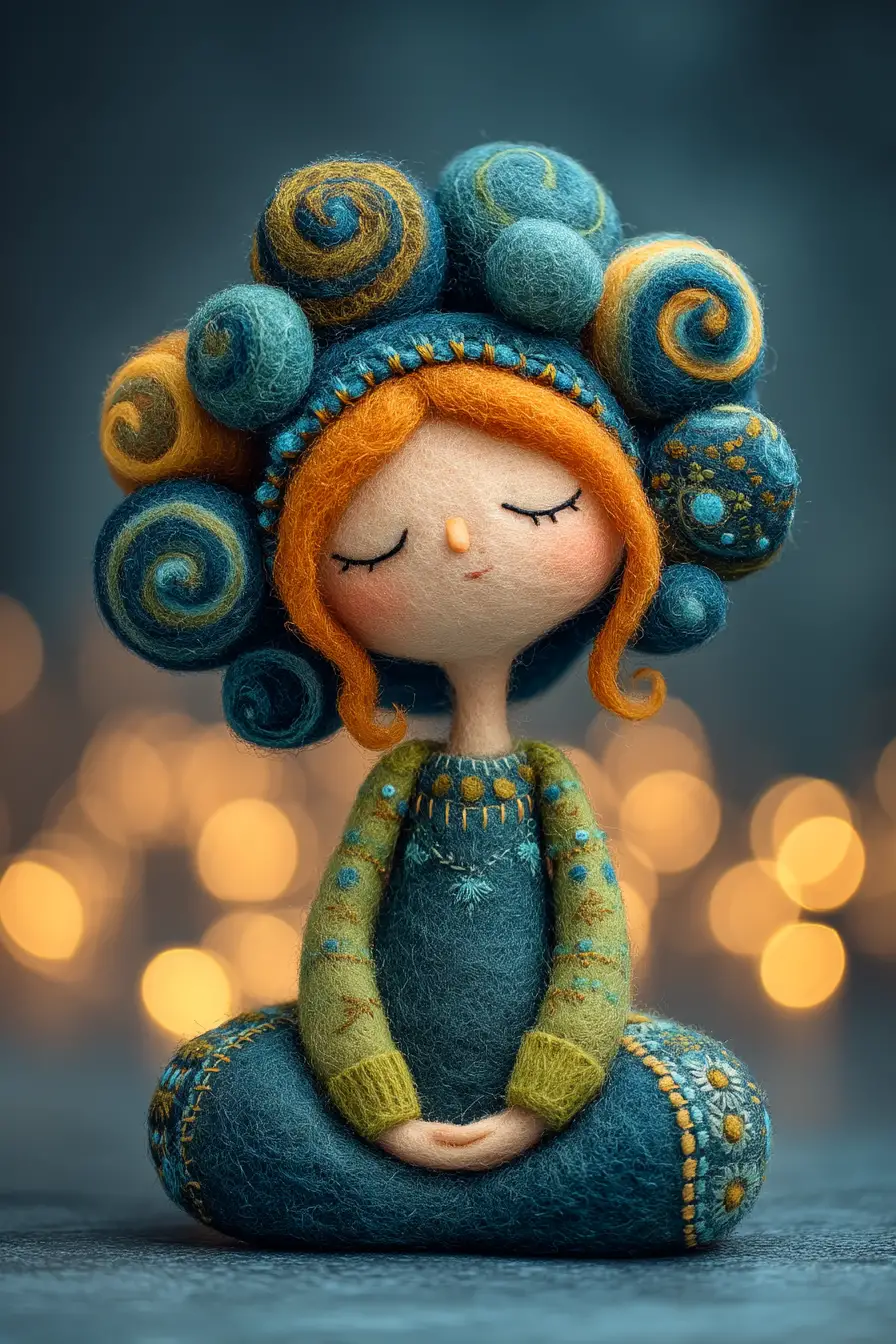 Felted wool girl figurine in a serene lotus pose