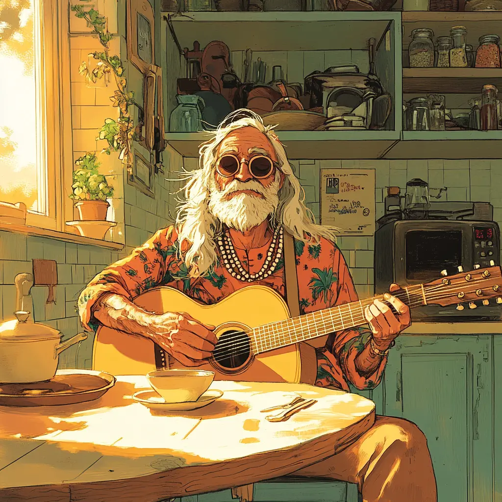Elderly hippie playing guitar in sunny vintage kitchen