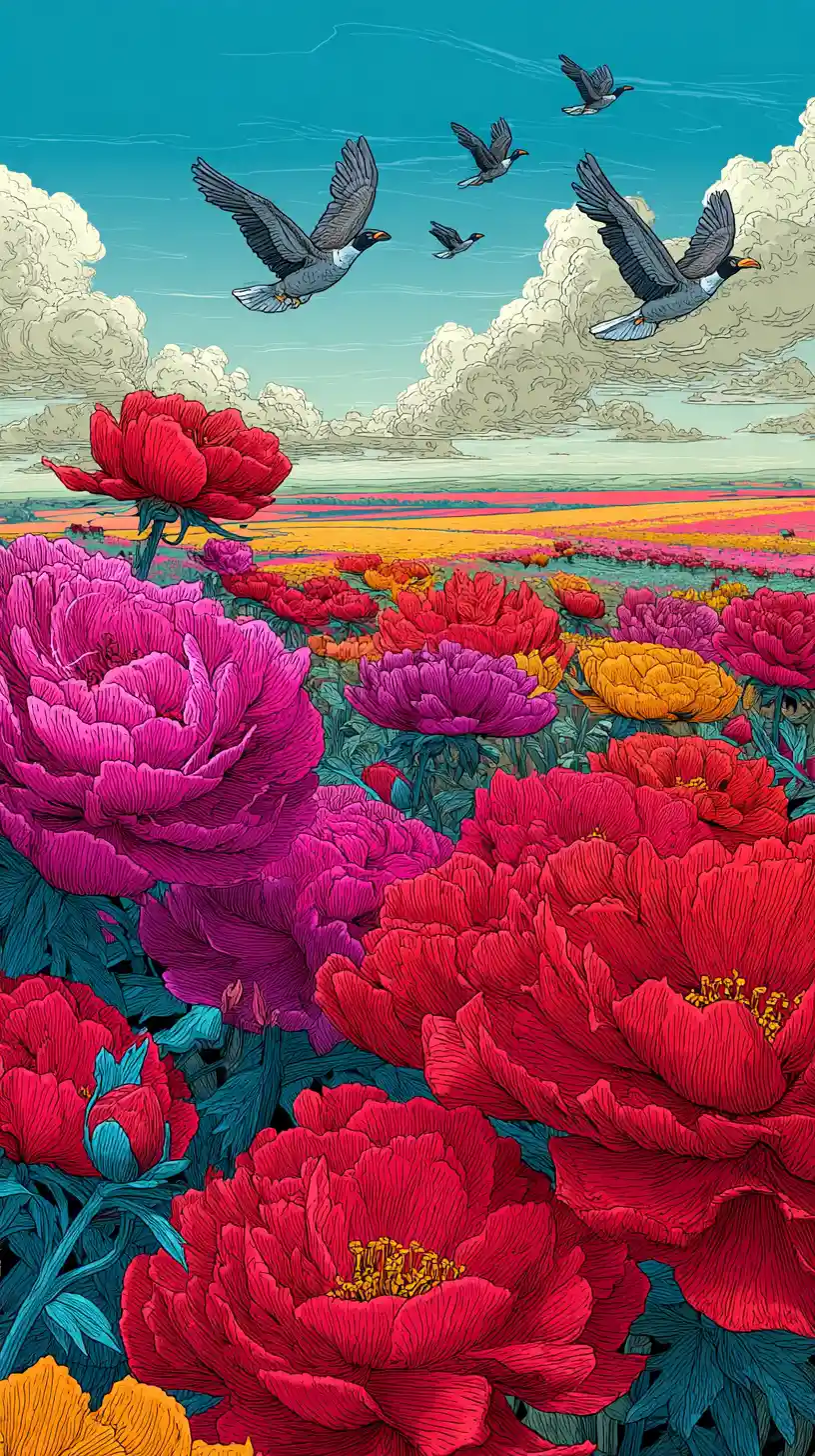 Colorful peony flower field under warm midday sunlight