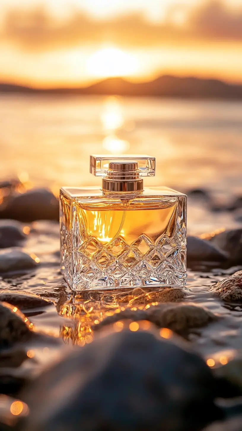 Luxury perfume bottle on wet rocks at golden sunset