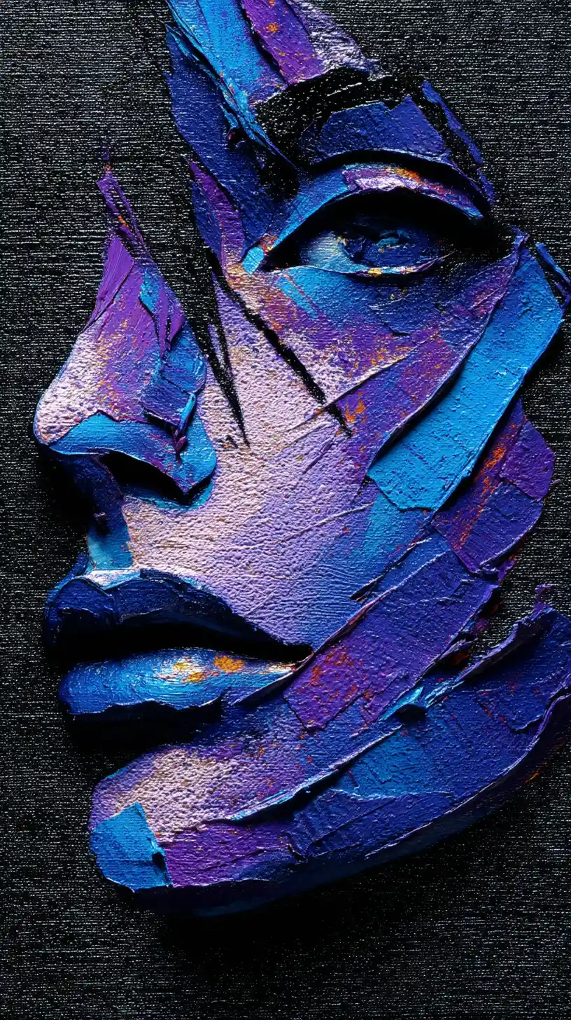 Ritratto astratto blu di una donna frammentata su tela nera