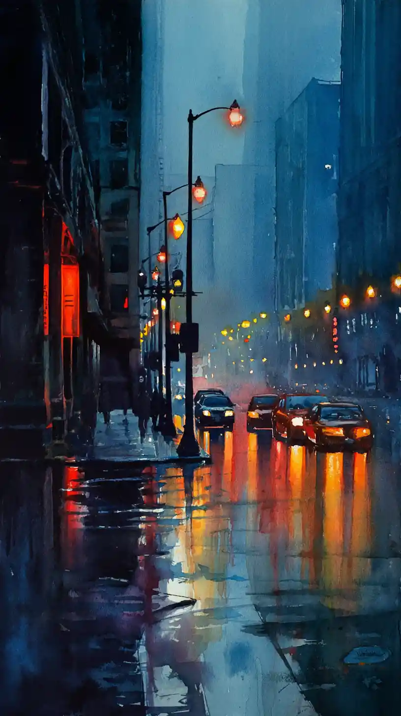 Rainy City Street At Night In Atmospheric Watercolor