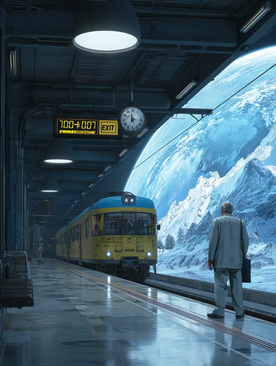 Surreal yellow train arriving at indoor station platform