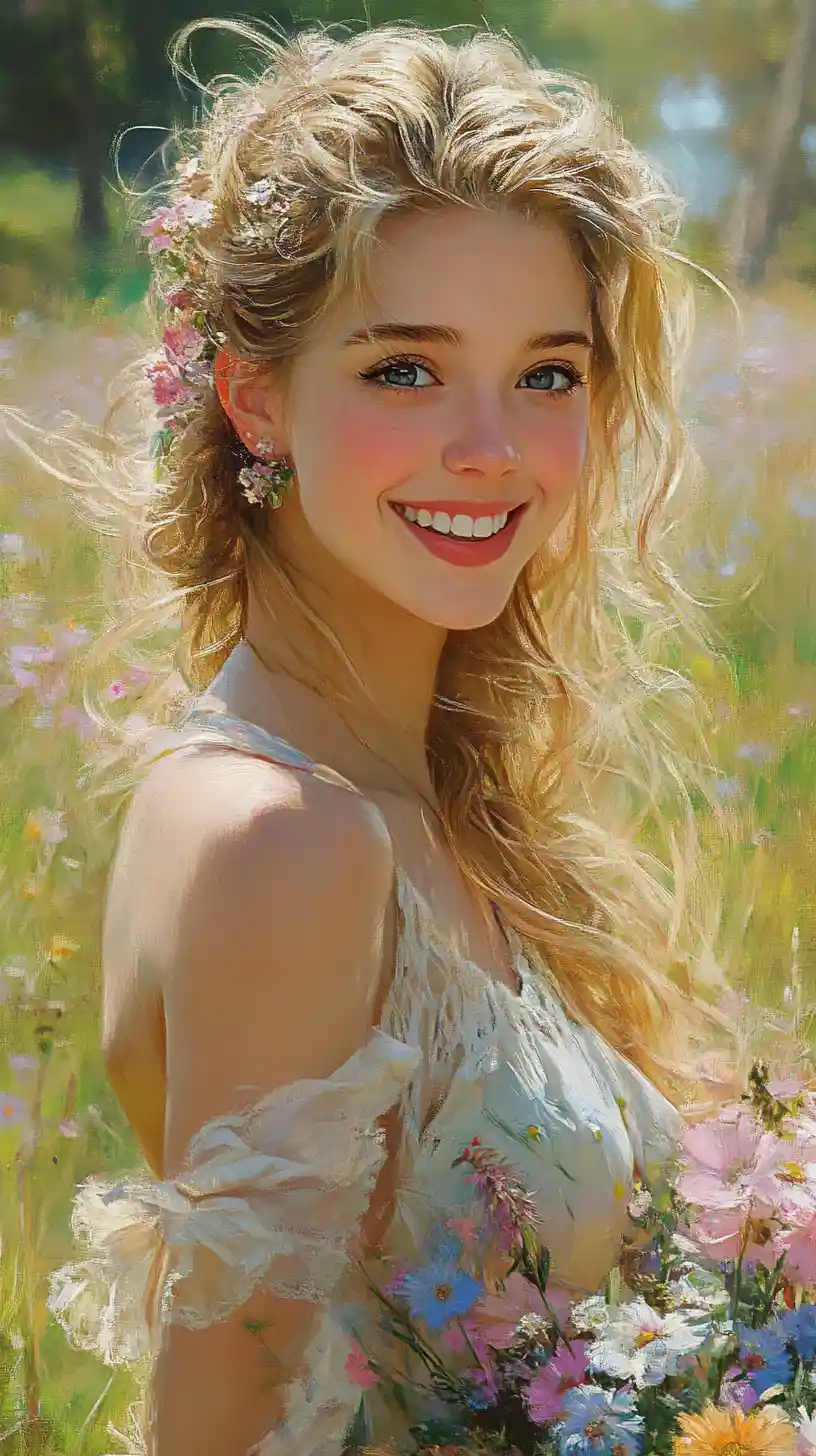 Ragazza bionda sorridente con fiori in un prato primaverile