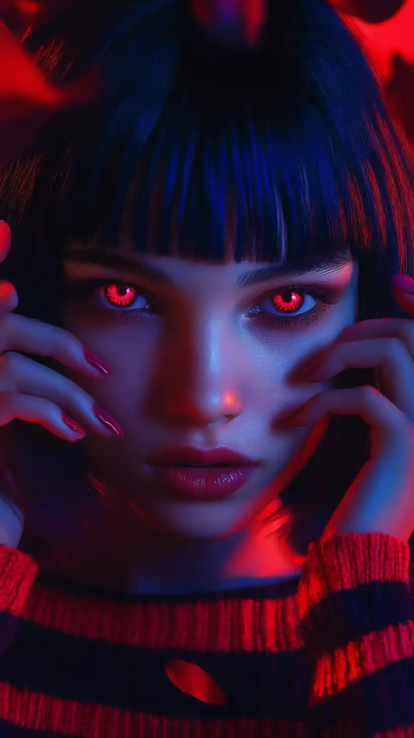 Close up anime girl with glowing red eyes and blue skin