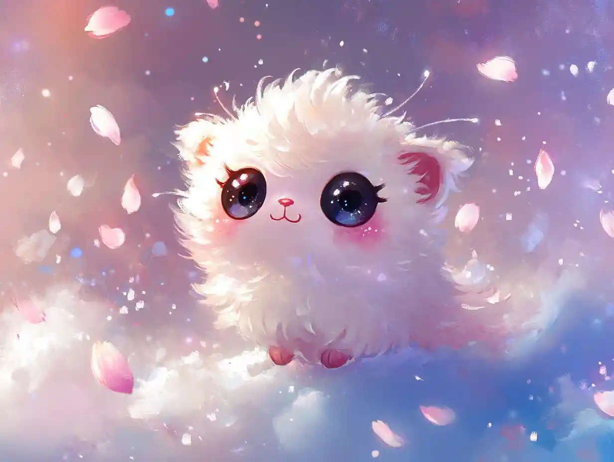 Cute chibi creature with wings on a pastel cloud