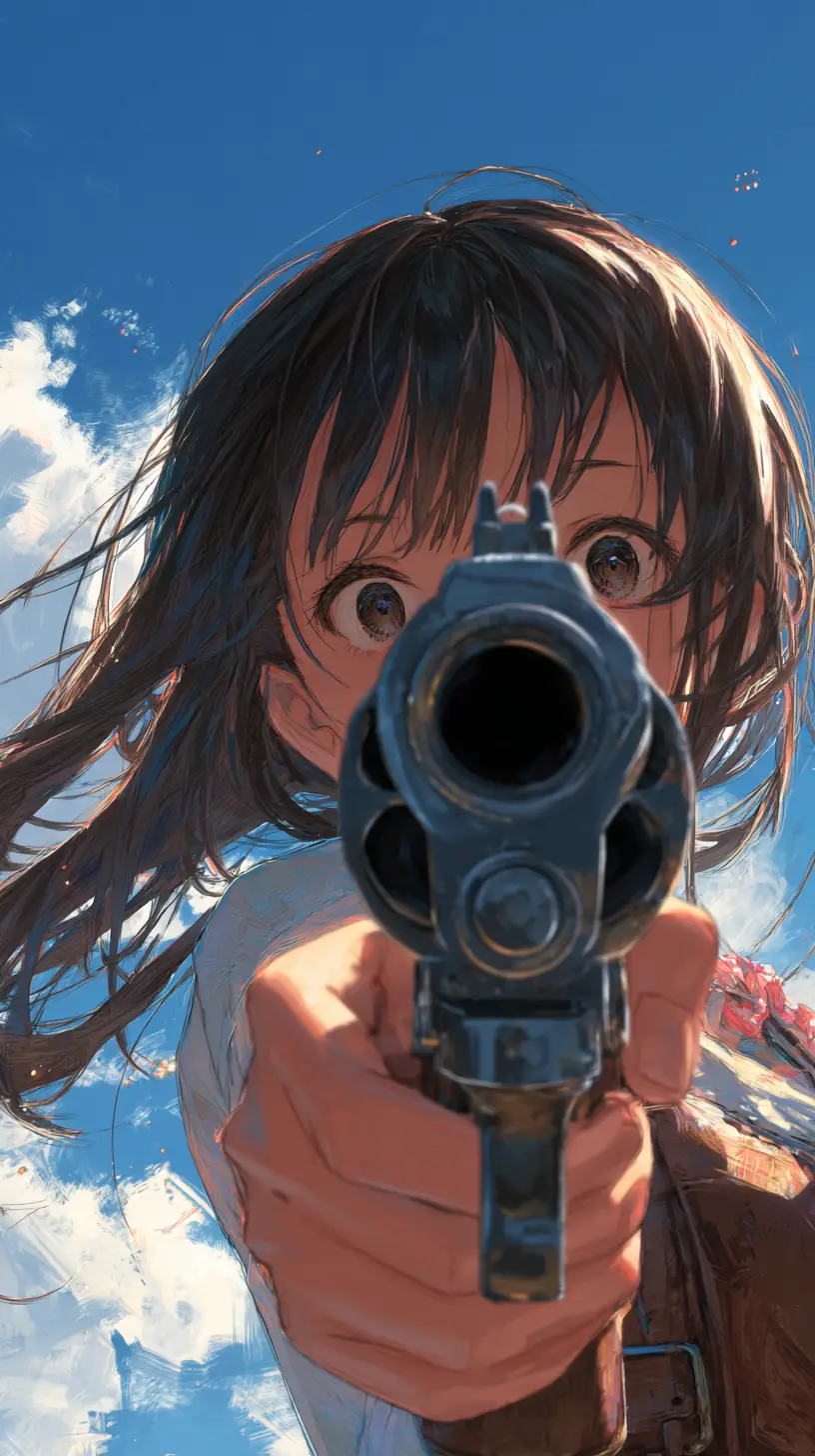Anime girl with revolver in dramatic fisheye view
