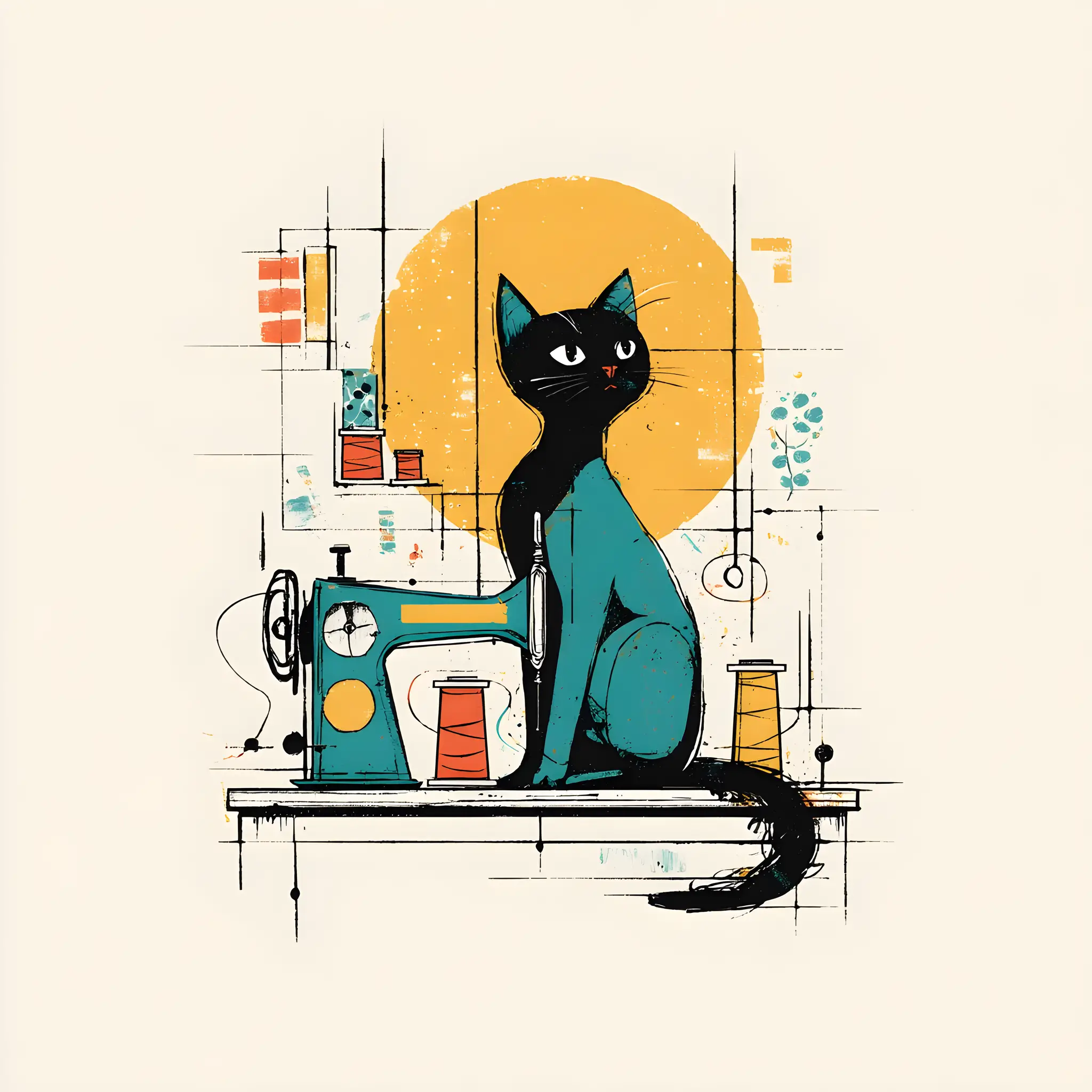 Mid century modern tailor logo with retro cat illustration