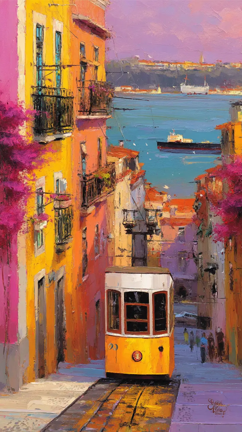 Colorful Lisbon tram climbing a sunlit city street