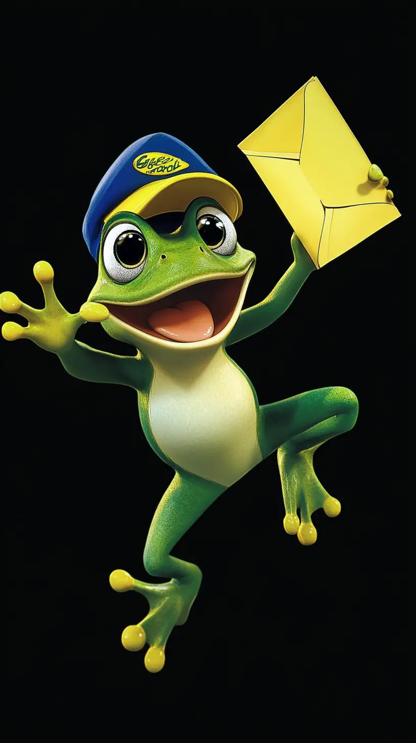 Cheerful cartoon frog in blue hat holding yellow envelope