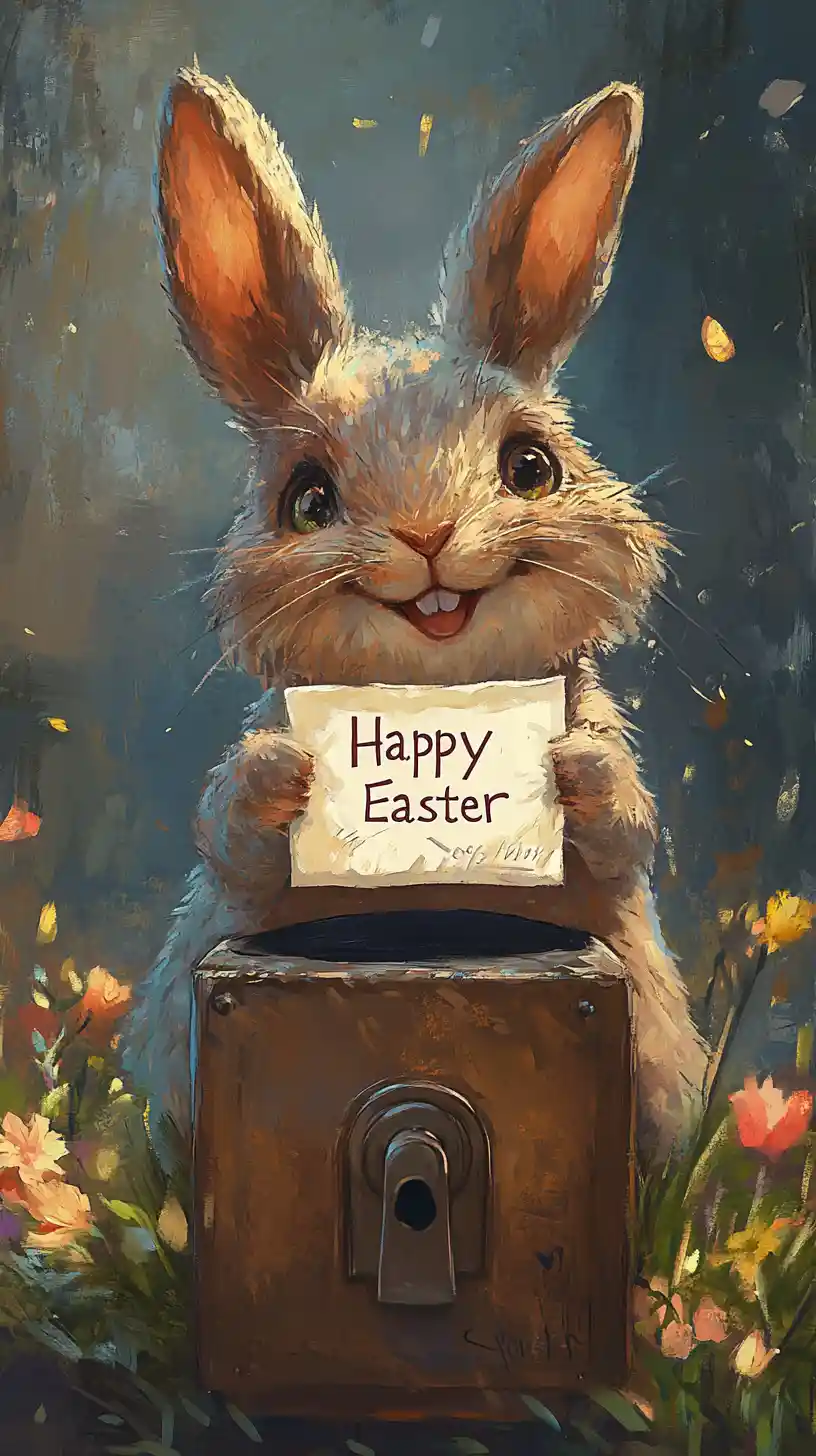 Happy rabbit posting an Easter letter at rustic mailbox