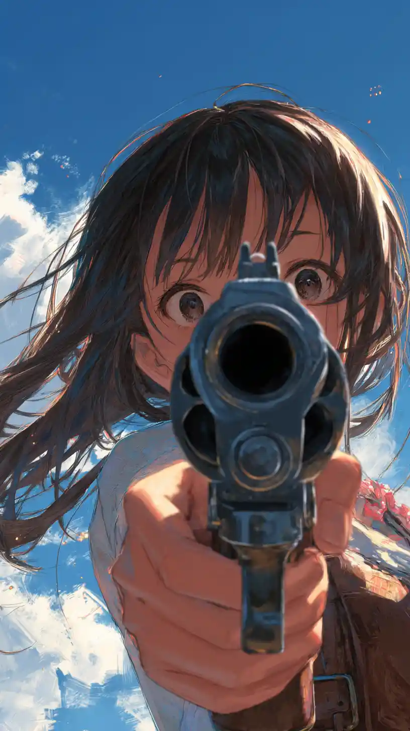 Ragazza anime con revolver in drammatica inquadratura fisheye