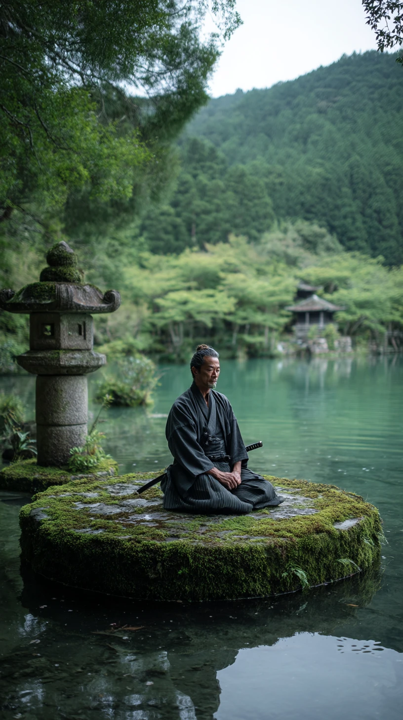 Samurai che Medita su Isola di Roccia Muschiosa nel Bosco in Fiore