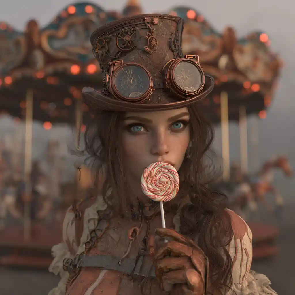Steampunk woman with lollipop at surreal state fair