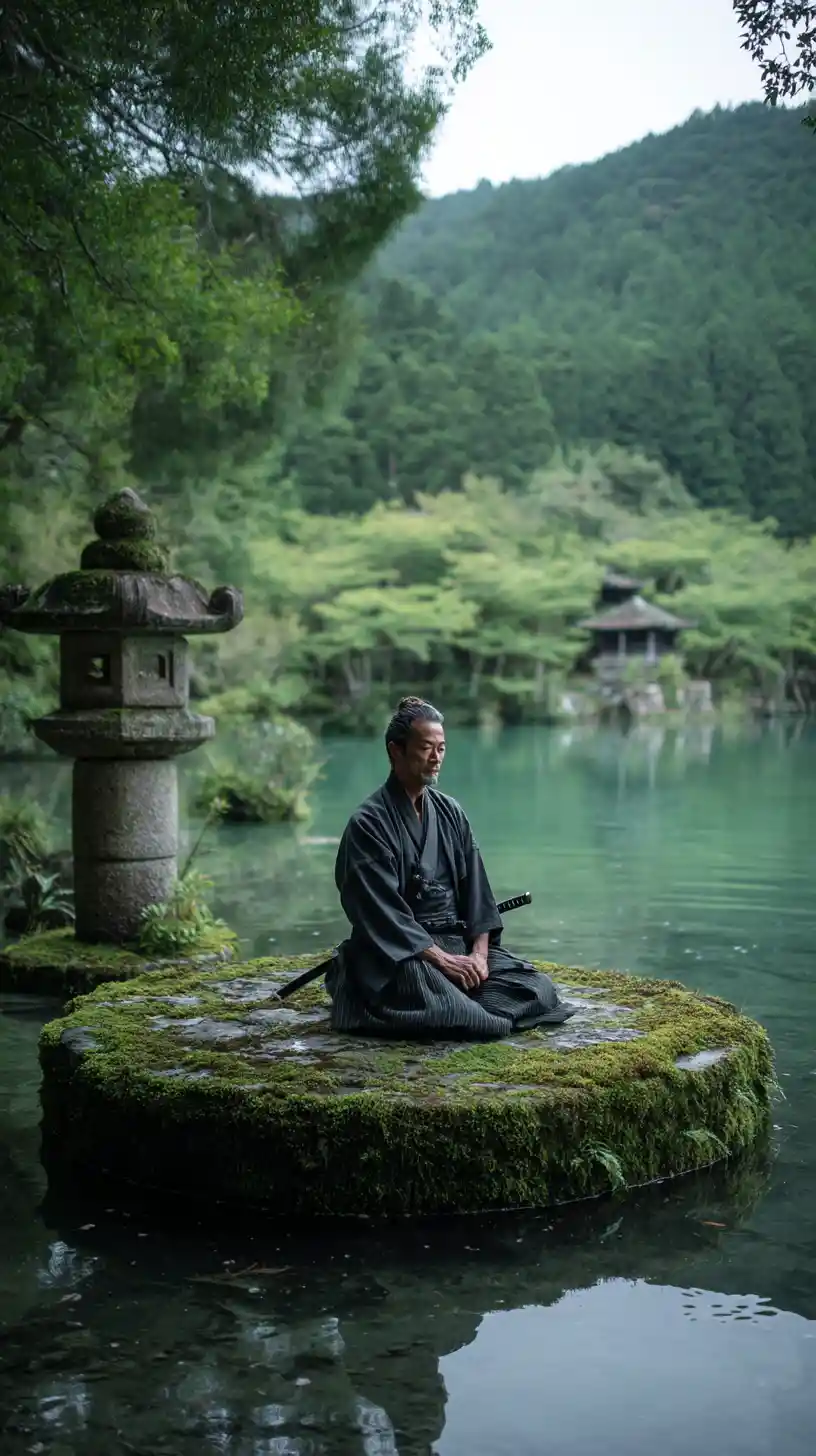 Samurai Meditating On Mossy Stone Island In Blossom Grove