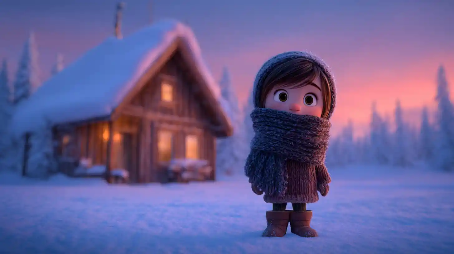 Chibi girl shoveling snow by a cozy wooden house