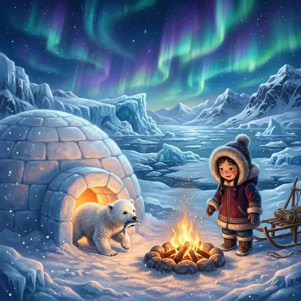 Curious polar bear leaving igloo with fish at arctic camp