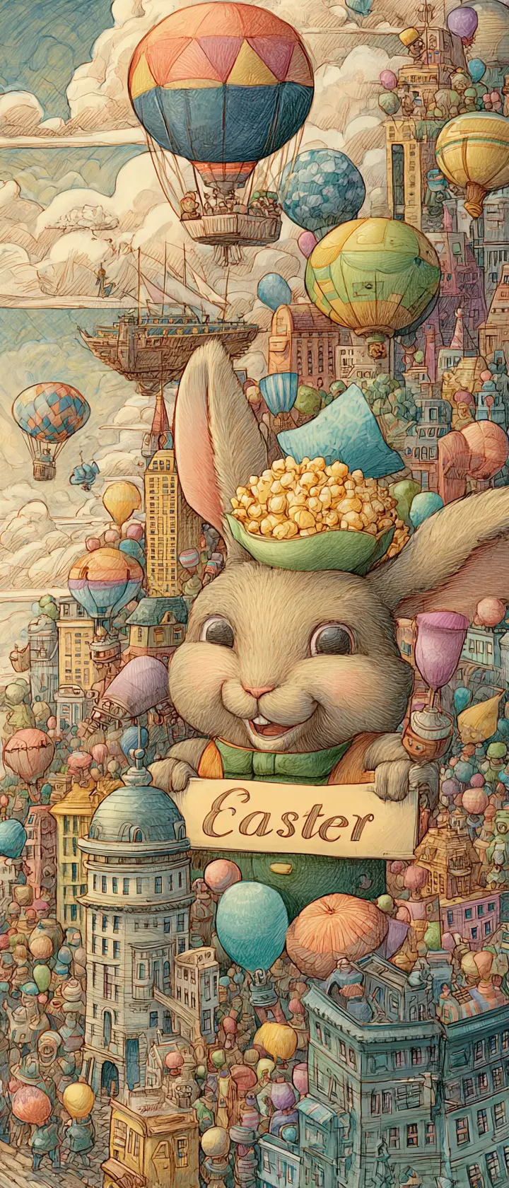 Joyful Easter rabbit in a whimsical pastel city