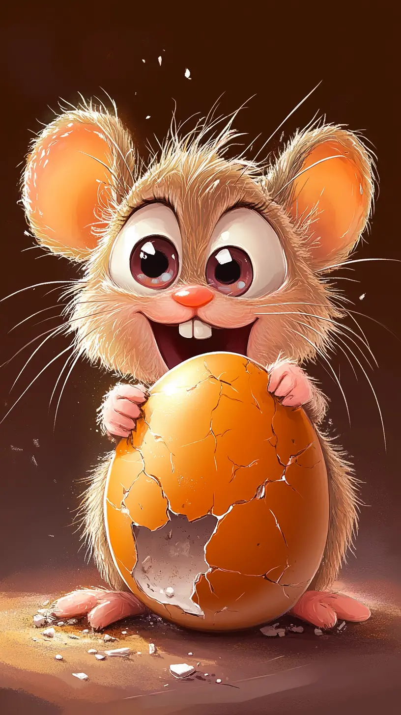 Cute cartoon mouse on broken egg with orange yolk
