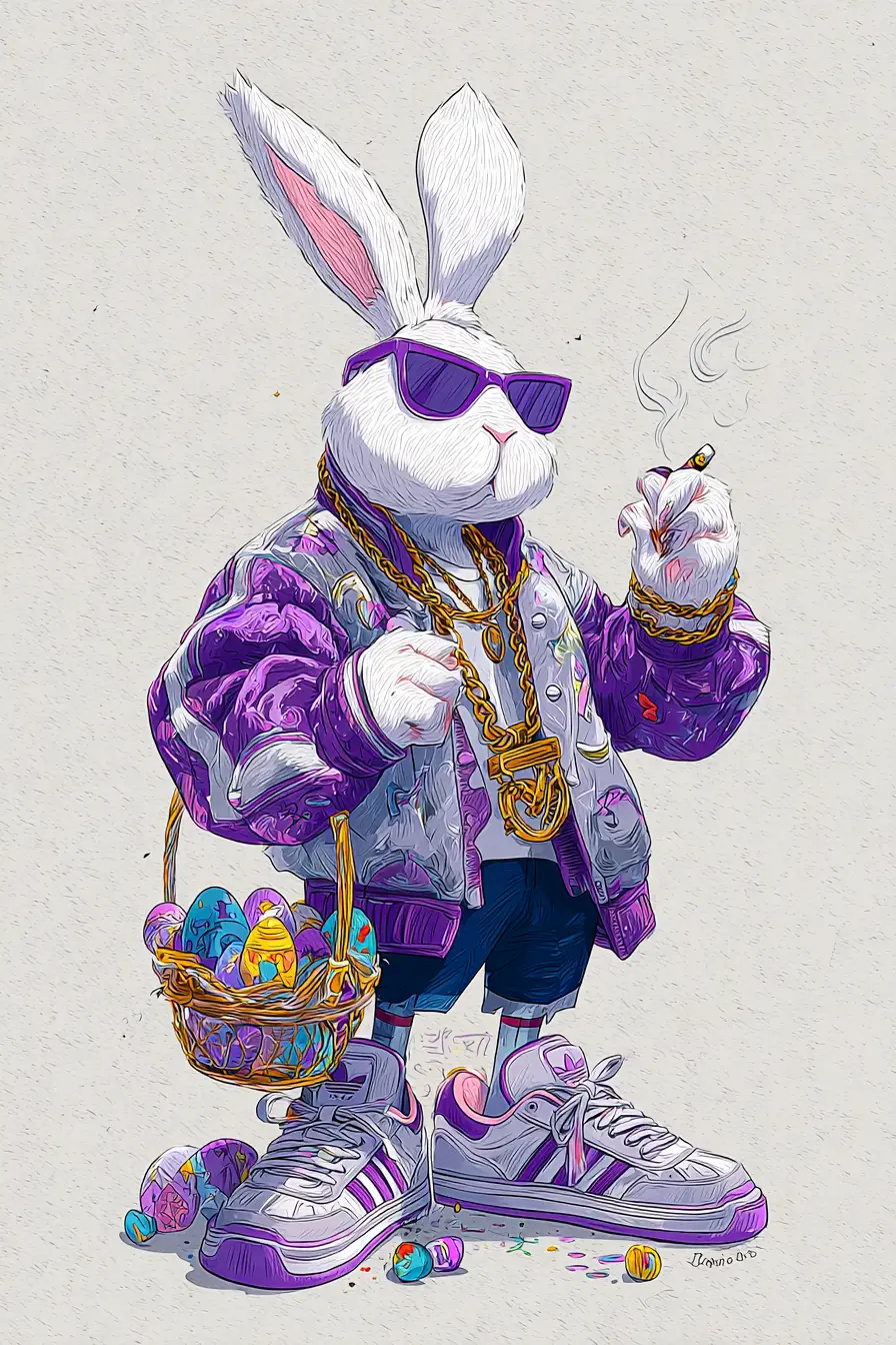 Hip hop rabbit with easter eggs in smoky room