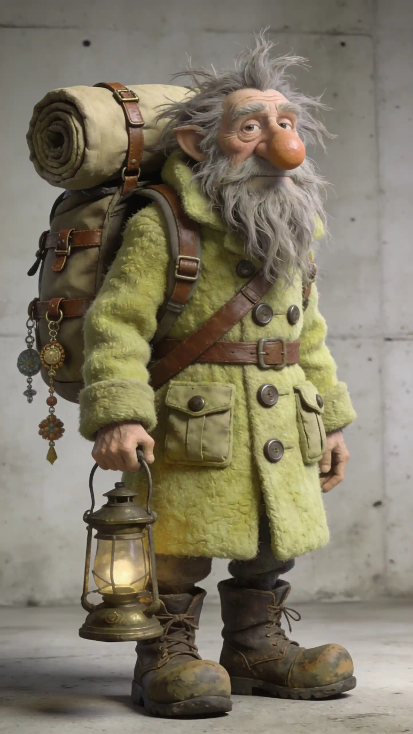 Whimsical elderly gnome traveler with lamp in studio