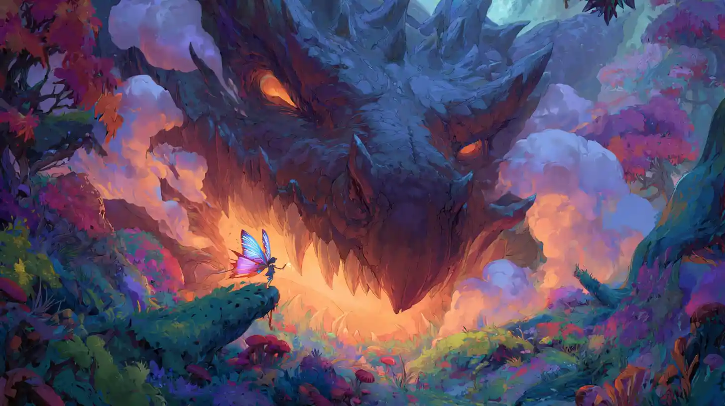 Fairy Standing On A Dragon Nose In Enchanted Forest
