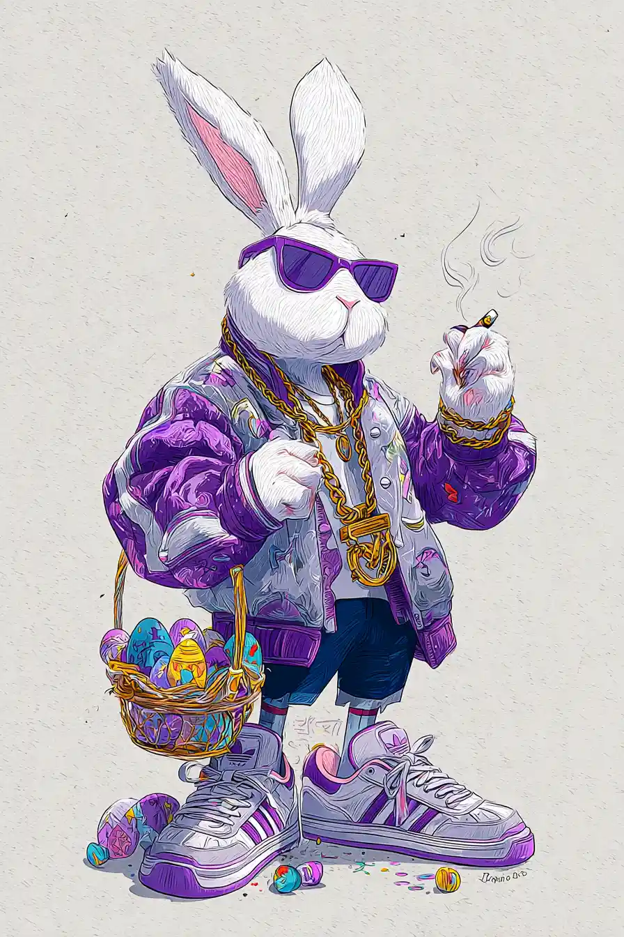 Hip-Hop-Hase mit Ostereiern in rauchigem Raum