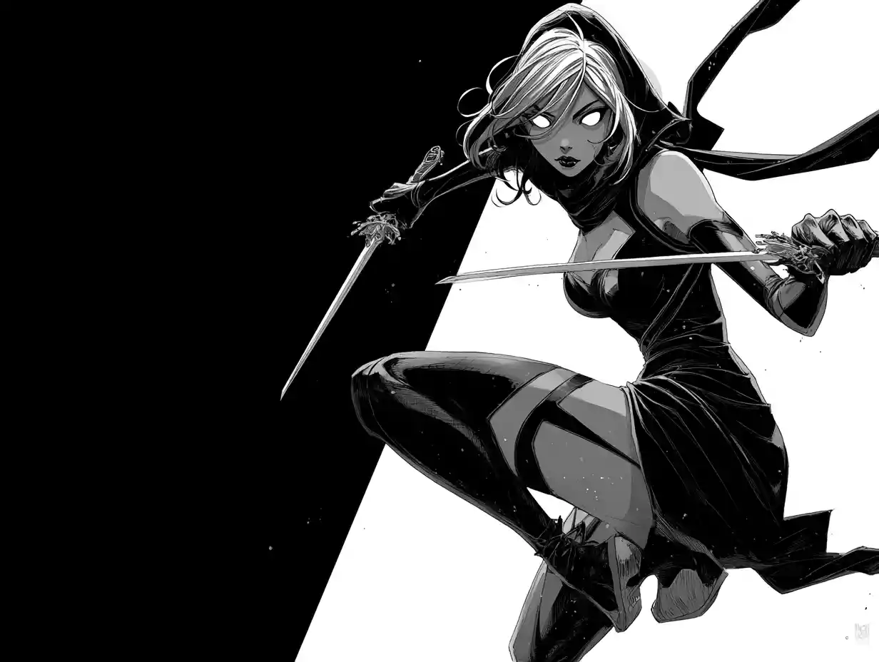 Elegant female assassin in dynamic kneeling combat pose
