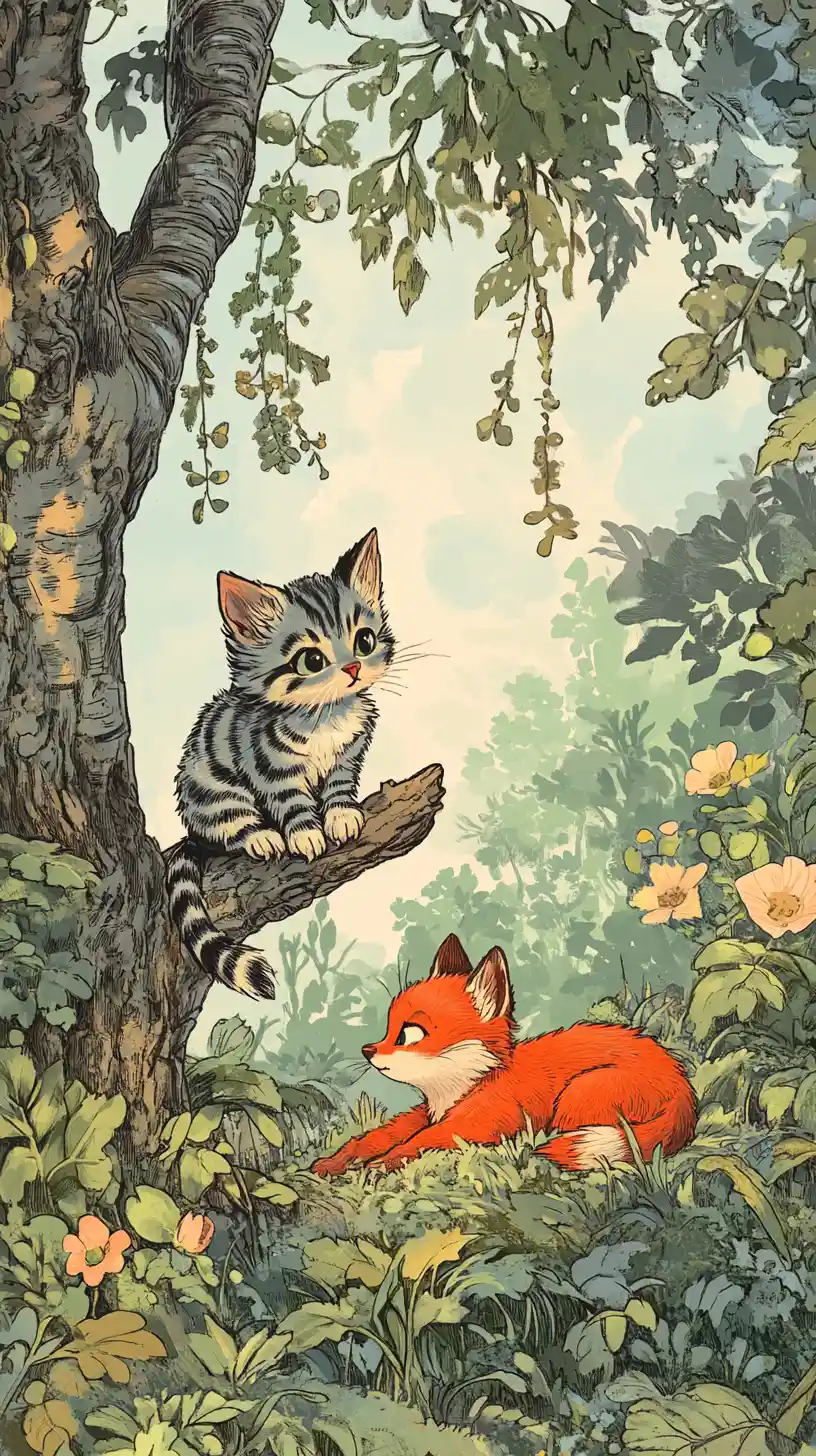 Curious gray cat and red fox in a cozy forest
