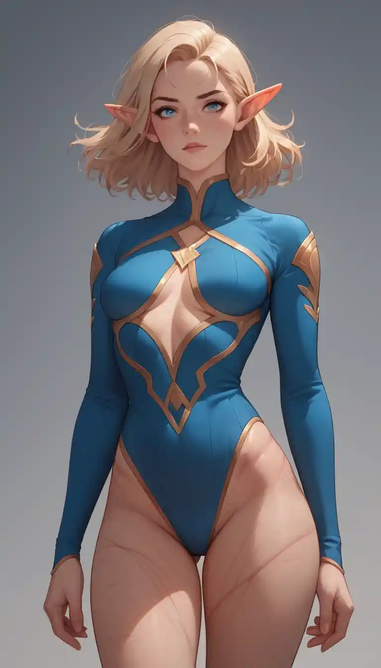 Anime-Elfenheldin mit blauen Augen und stolzer Kriegerpose