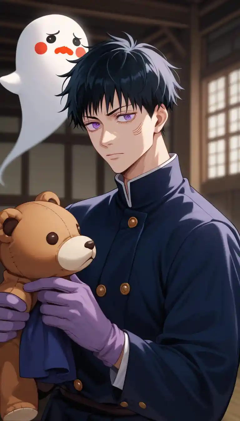 Personaggio di peluche anime che riposa in una foresta oscura
