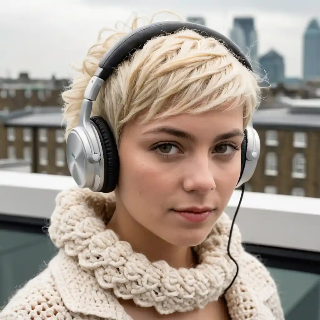 Extreme macro of female DJ in crochet on rooftop
