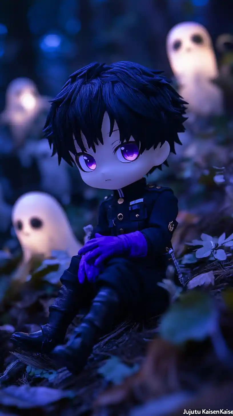 Anime plush toy character relaxing in dark forest