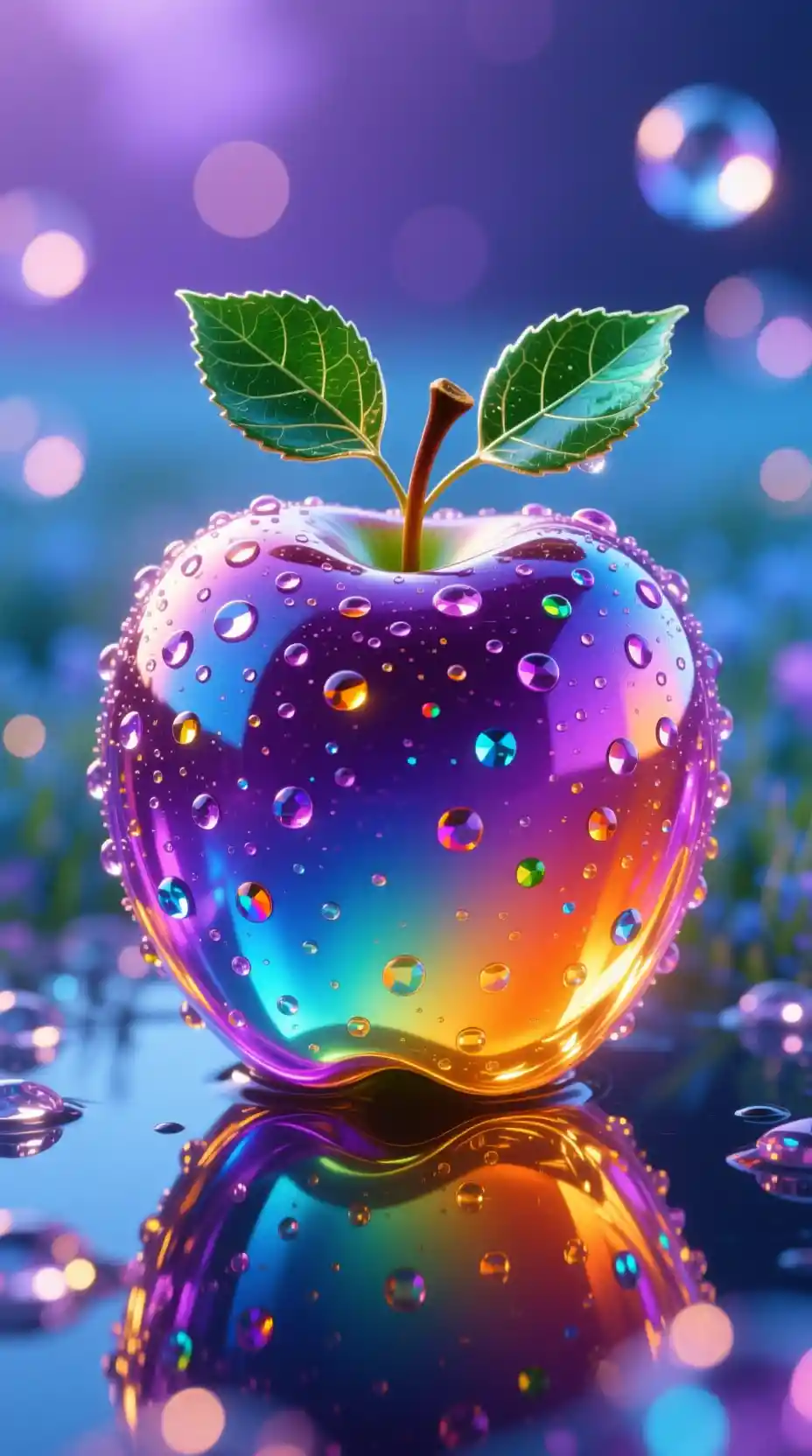 Iridescent glass apple glowing on reflective surface
