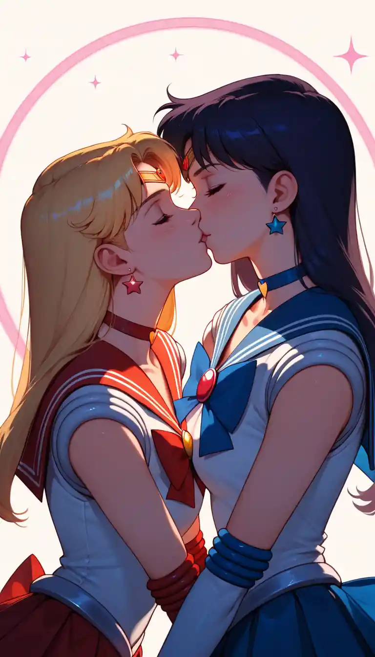 Romantic anime girls kissing under a soft pastel starry sky