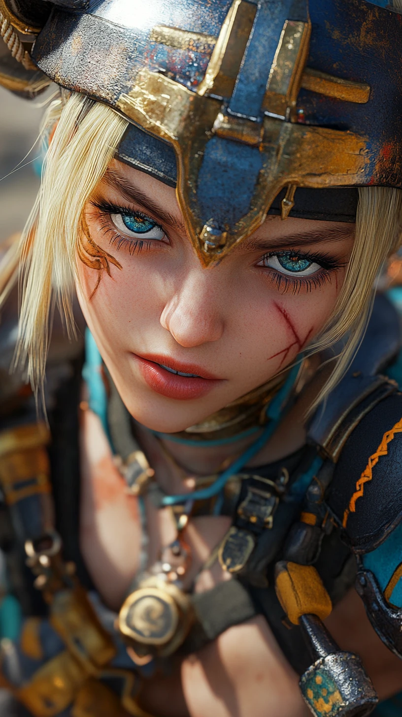 青い鎧をまとったタトゥー入りアニメ女戦士のクローズアップ