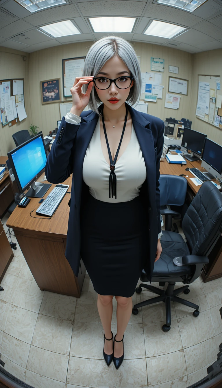 Elegant office woman adjusting glasses beside her computer desk