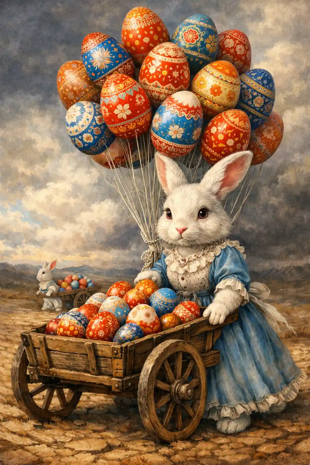 White rabbit pulling a cart of colorful easter eggs