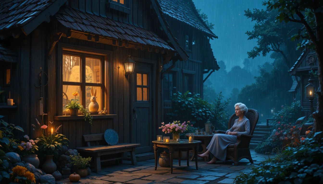Accogliente notte piovosa nell’interno di un piccolo cottage di conigli