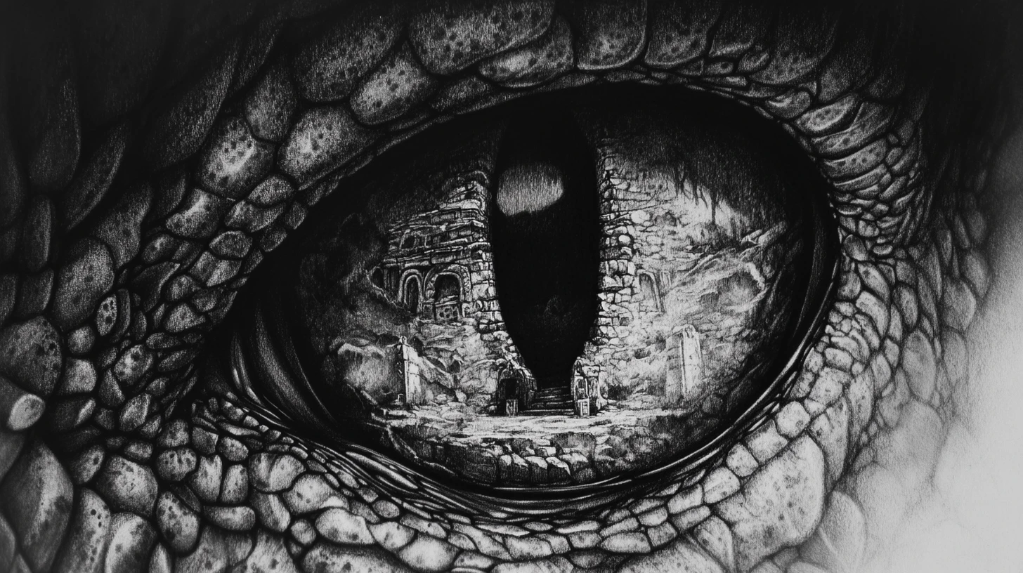 Desenho em grafite em close extremo de um olho de serpente