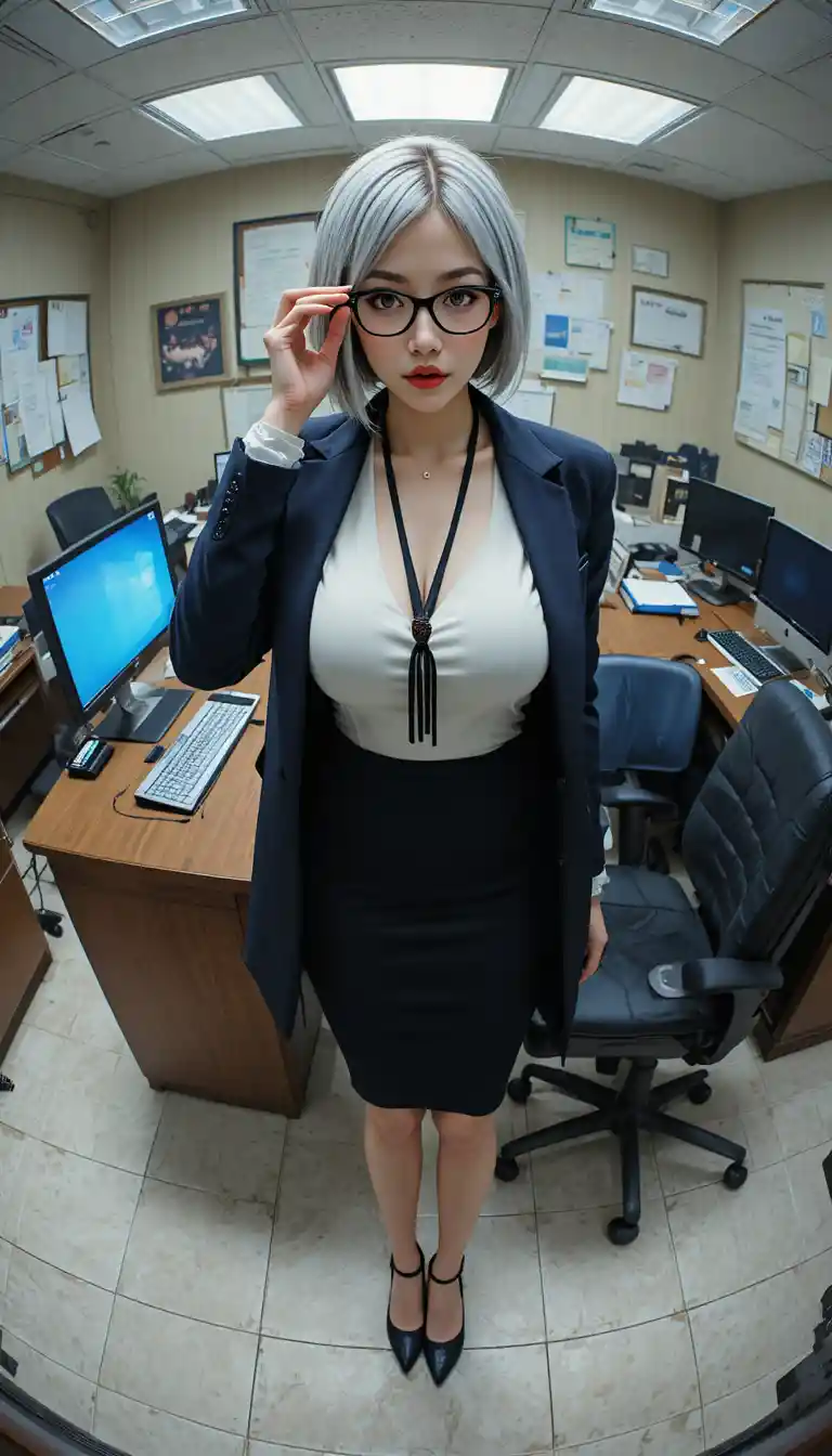 Elegant office woman adjusting glasses beside her computer desk