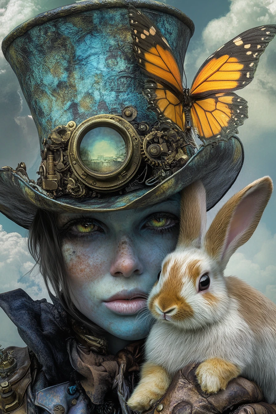 Donna steampunk surreale che tiene in braccio un coniglio sotto un cielo nuvoloso