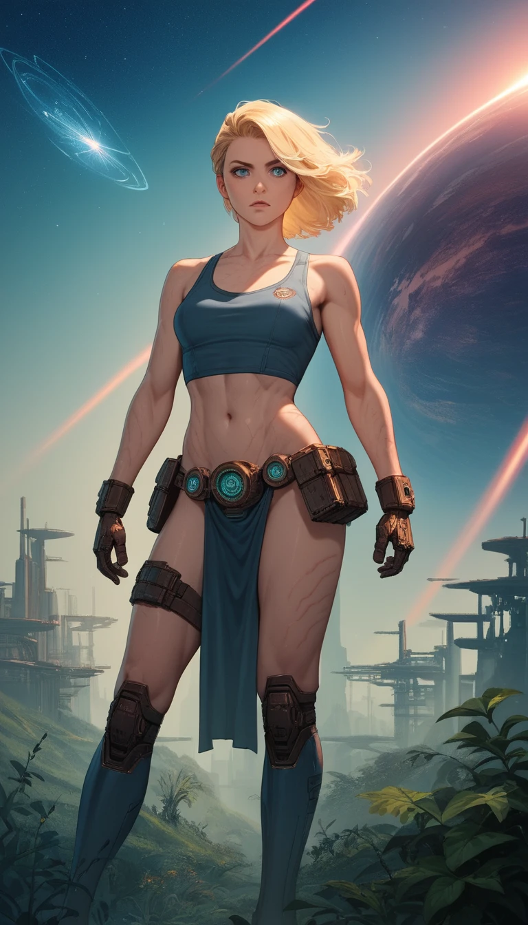 Heroína rubia decidida con traje de guerrera de anime