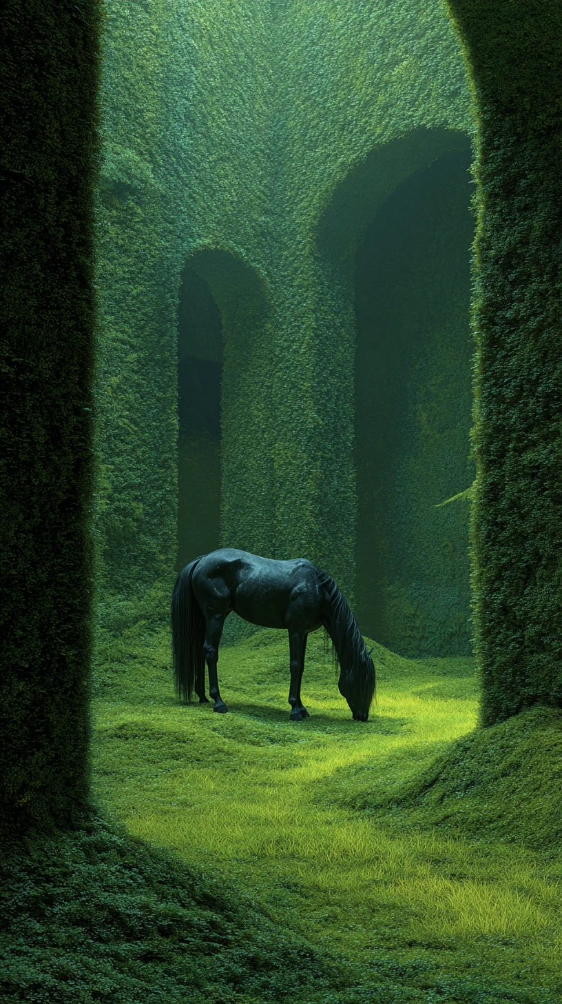 Cavallo nero che pascola in una camera fantasy ricoperta di muschio