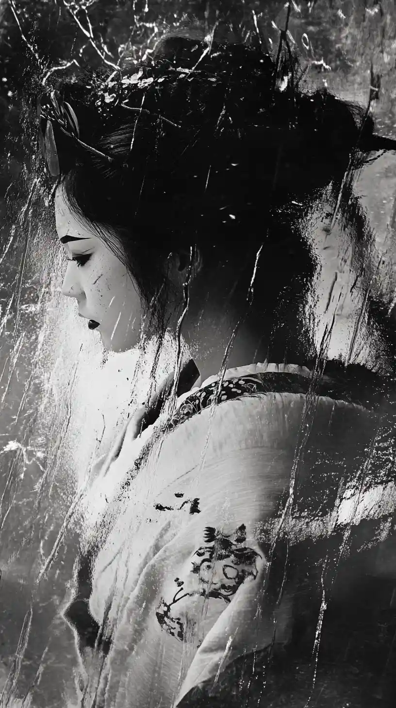 Geisha spinning in a storm with flowing kimono and mask